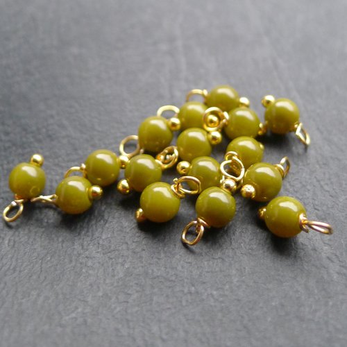 40 perles rondes en verre vert kaki 4x8mm breloques doré