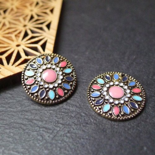 X2 breloque sequin rond émail bleu, rose et bronze , 18mm