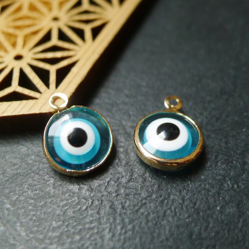 X2 pendentif sequin rond doré verre oeil bleu 10x13mm