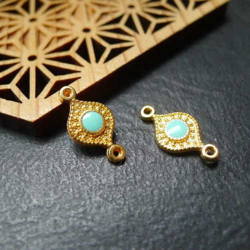 X2 breloque connecteur doré et émail - 8x15mm - bleu turquoise