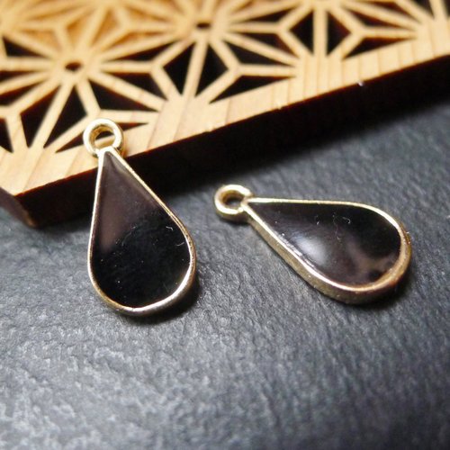 X2 breloque goutte émail noir et doré 8x16mm
