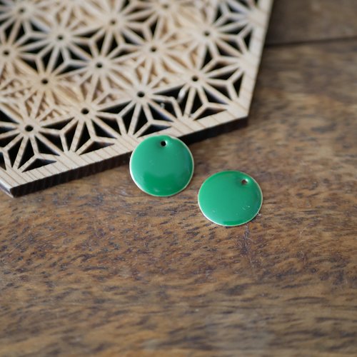 X2 breloque sequin rond, émail vert et doré, 14mm