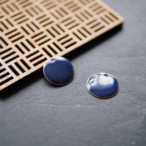 X2 breloque sequin rond, émail bleu nuit et doré, 18mm