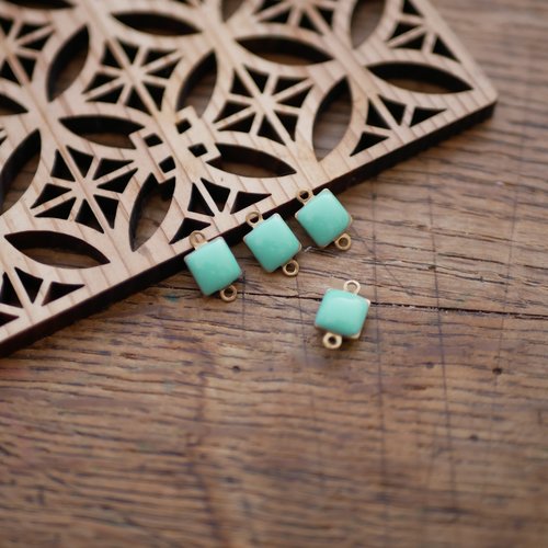 4 connecteurs carrés bronze, laiton et émail bleu turquoise, 6x12mm