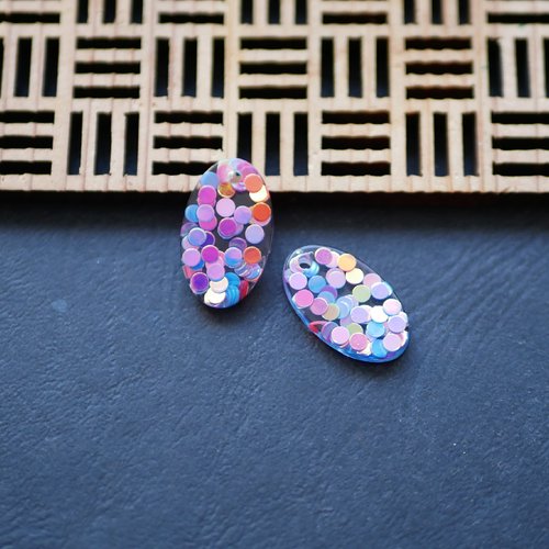 2 pendentifs en résine ovales paillettes multicolore 12x20mm