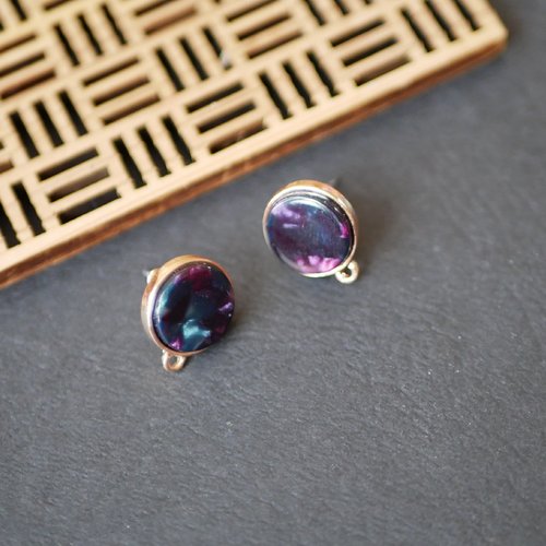 2 attaches de boucles d'oreilles, support puce en résine violet, 14mm