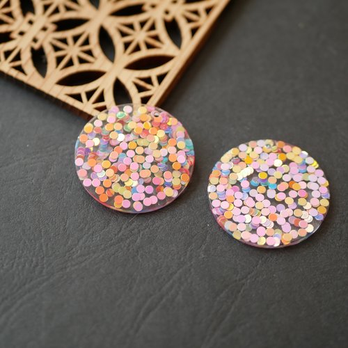 2 pendentifs en résine rond paillettes multicolore 33mm