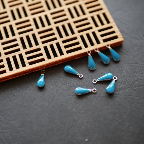 10 breloques gouttes, argenté et émail bleu , 4x12mm