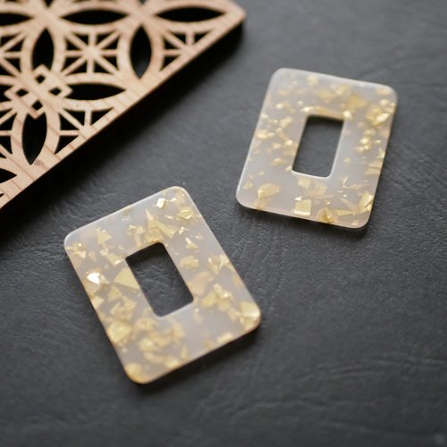 2 pendentifs en résine sequin rectangle blanc doré 27x36mm