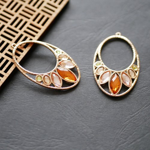 X2 pendentif ethnique, doré et marron, ovale, 30x52mm