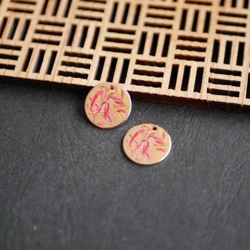 X2 pendentif sequin rond, doré et motif rouge , 14mm, zinc