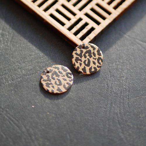 X2 pendentif sequin rond noir doré léopard 15mm