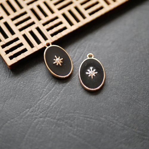 X2 breloque ovale émail noir et doré 12x20mm