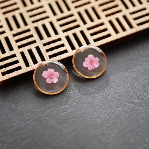 X2 pendentif sequin rond doré verre fleur rose 16mm