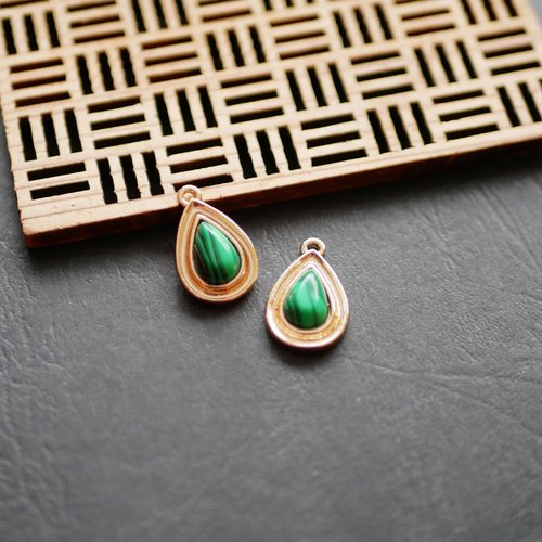 X2 breloque goutte malachite vert et doré 13x21mm