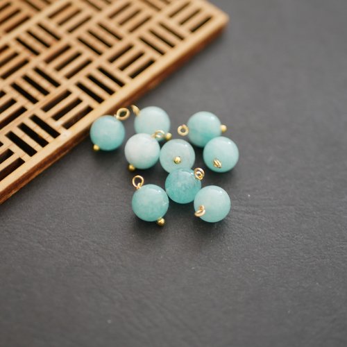 X10 perles rondes, grelots, pierre aventurine, bleu et doré, 8x12mm