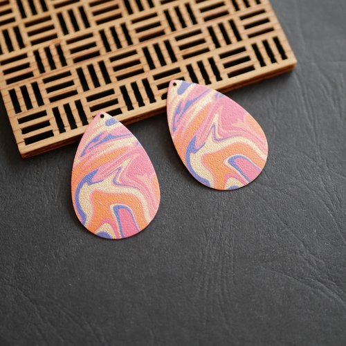 X2 breloque goutte motif violet, rose, orange et doré 28x44mm