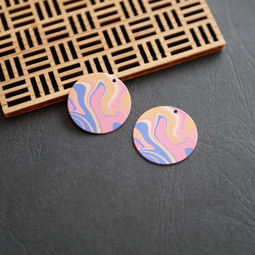 X2 breloque sequin rond motif violet, rose, orange et doré 25mm