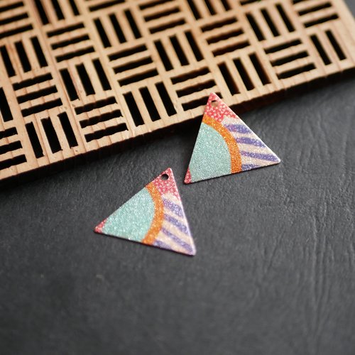 X2 breloque triangle à motif bleu, orange, doré 19x22mm