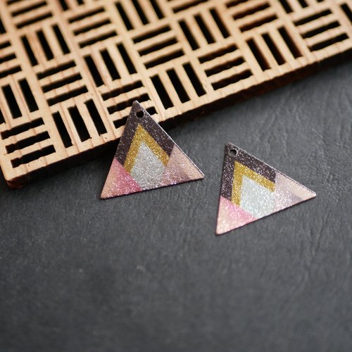 X2 breloque triangle à motif géométrique  bleu, rose, doré 19x22mm