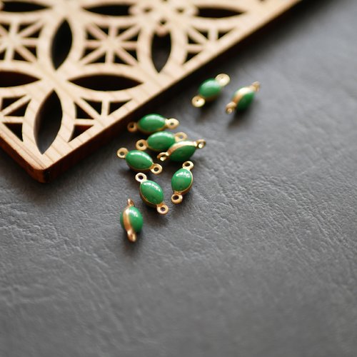 10 connecteurs gouttes, laiton bronze et émail vert, 4x10mm