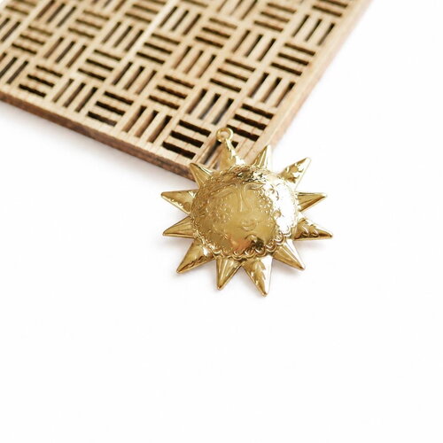 Pendentif soleil acier inoxydable 304 doré 18k ip 45x38 mm. breloque soleil visage. fournitures création bijoux bohème