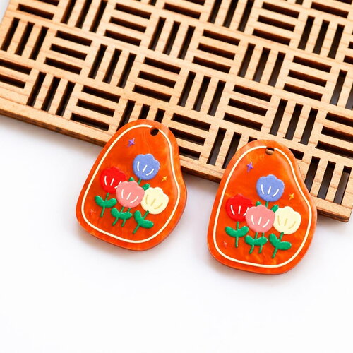 2 pendentifs acrylique tulipes colorées 25x30 mm. breloques fleur printemps orange. fournitures création boucles d’oreilles et bijoux diy