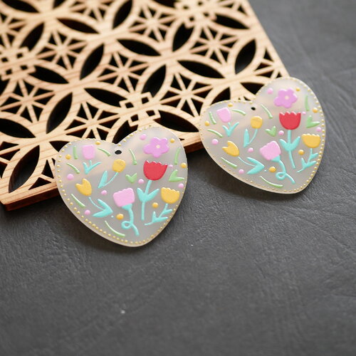 2 pendentifs en acrylique blanche en forme de cœur,pendentifs acryliques imprimés transparents, pendentif tulipe, 34x38mm