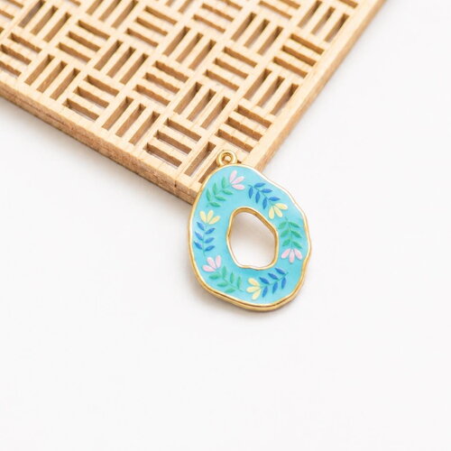 Pendentif ovale fleur bleu turquoise acier inoxydable 304 doré 18k pvd, breloque émaillée, fourniture bijoux 34x25mm