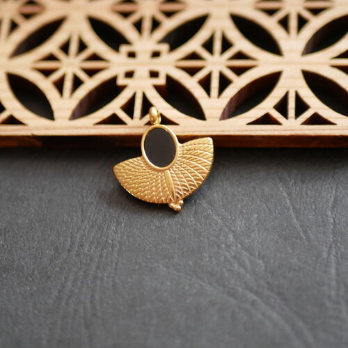 Pendentif demi lune en acier inoxydable 304 et émail noir,fourniture bijou en acier inoxydable,éventail doré acier inoxydable émaillé ,20 mm