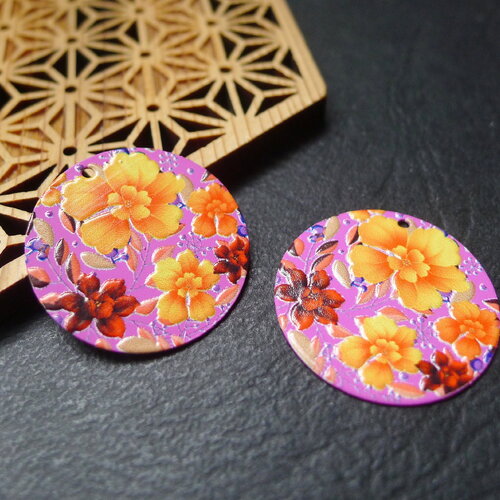 X2 pendentif breloque sequin rond , orange et rose, motif fleurs , 25mm