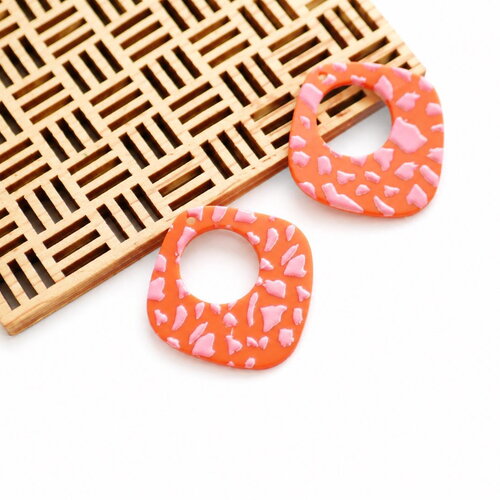 Pendentif acrylique imprimé opaque orange et rose, forme losange irrégulier 36x35 mm, breloque moderne pour boucles d’oreilles et bijoux diy