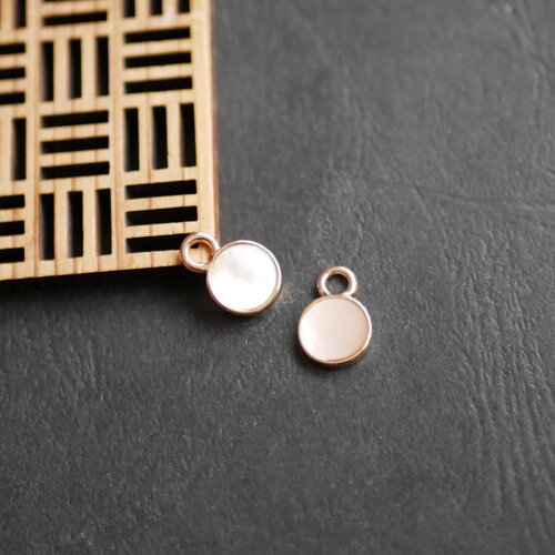 X2 pendentif rond nacre naturelle blanc et doré, breloque incrustée de coquillage, 10x14mm