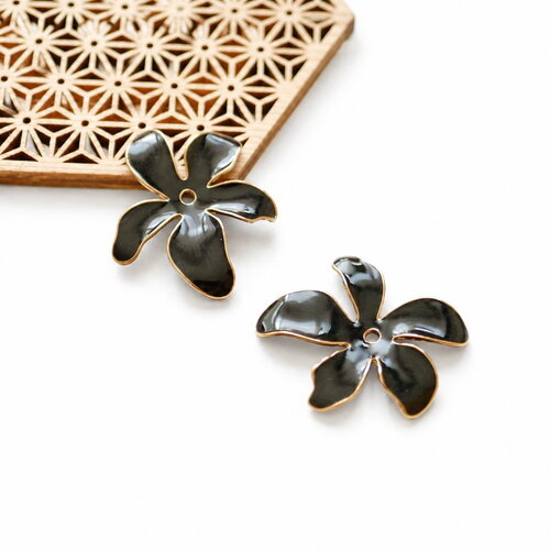 X2 perles grande fleur en émail noir et doré, 35x38mm, perle pour créole émail noir