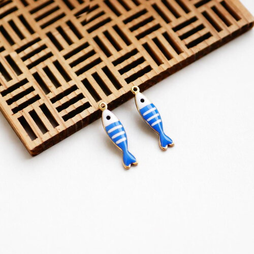 Breloques sardine émaillées bleu et blanc 18,5 mm. lot de 2 pendentifs poisson acier inoxydable 304 doré. pendentif marin pour bijoux diy