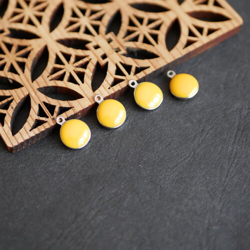 X4 petite breloque en émail orange, sequin rond orange, pendentif émaillé argenté 10x13mm