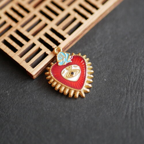 Breloque cœur sacré émaillé oeil protecteur acier inoxydable 304 doré et rouge, 21x26mm