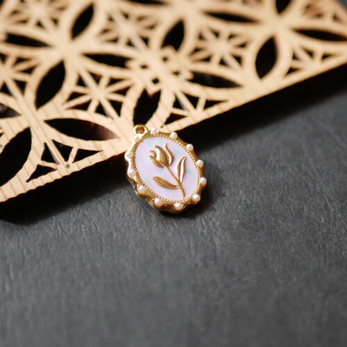 Breloque médaillon ovale avec fleur de tulipe et émail rose, pendentif fleur en acier inoxydable 304 , breloque fleur doré et rose, 15x21mm