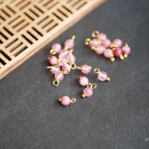 Petites perles de jade ronde rose, breloques grelots doré, 4x8mm, 20 perles