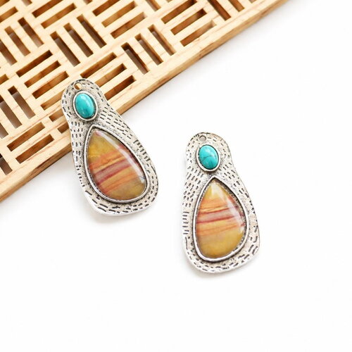 2 pendentifs larme émaillés argent antique 17x33 mm, breloques goutte avec cabochon effet pierre, apprêts bijoux diy