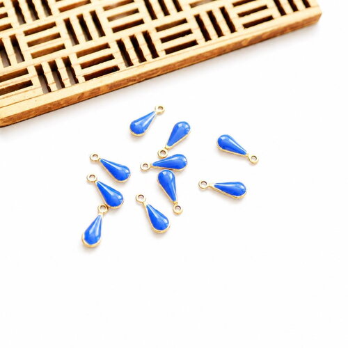 10 breloques gouttes argentées émail bleu électrique 4x12 mm, pendentifs goutte émaillés, apprêts pour création de bijoux diy