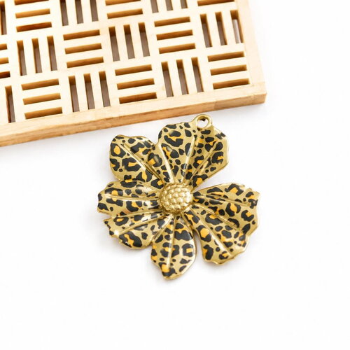 Pendentif grande fleur léopard émaillés en acier inoxydable 304 doré 18k ip. breloques fleuries 40x39mm