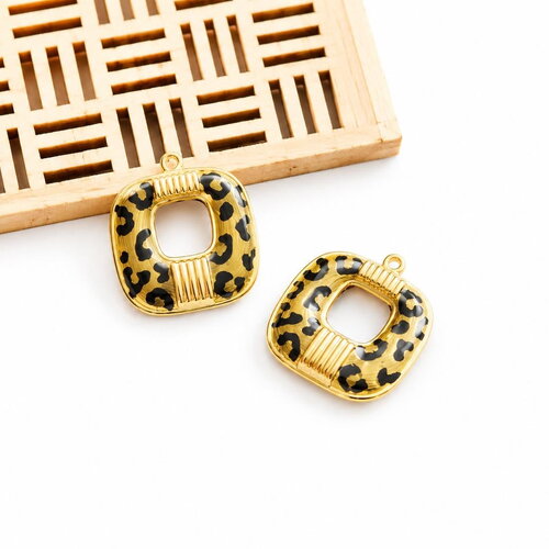 2 pendentifs carrés léopard émaillés en acier inoxydable 304 doré 18k ip. breloques rectangle coins arrondis 22x20 mm