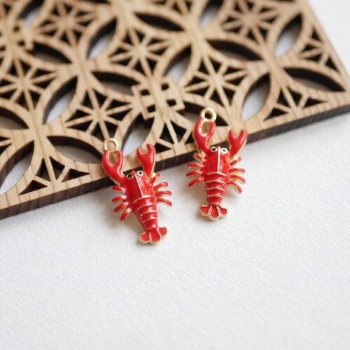 2 pendentifs homard rouge émaillé doré 14x28 mm . breloques bijoux, charms marins, création boucles d’oreilles et collier