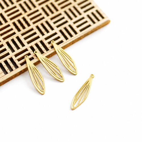 X4 pendentifs gouttes navettes feuille doré 6x26mm. breloques ailes dorées