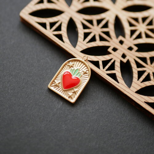 Pendentif rectangle émaillé en acier inoxydable 304 doré, breloque en émail rouge avec un coeur sacré. 14x21mm