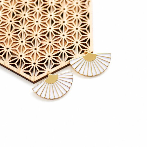 Pendentifs éventail blanc émaillé 19x31mm en acier inoxydable 304 doré ip. breloques éventail japonais, lot de 2