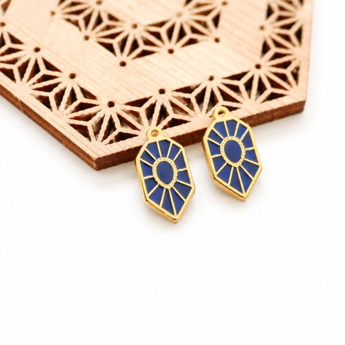 X2 pendentif hexagone émaillé bleu et doré. breloque géométrique acier inoxydable plaqué or 18k ip 25x13 mm. fournitures bijoux diy