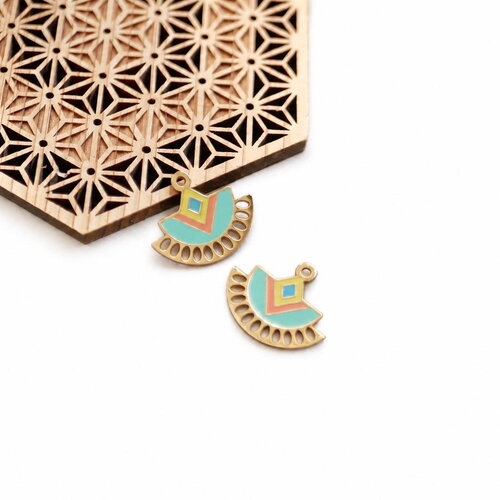 Pendentifs éventail acier inoxydable 316l doré 18k ip émail turquoise sans nickel. breloques bohème chic 21x24mm. lot de 2