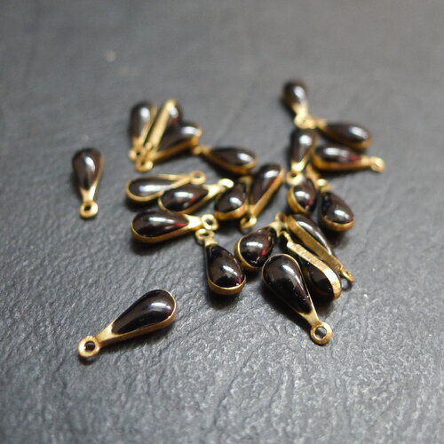 10 breloques gouttes, laiton bronze et émail noir, 4x10mm